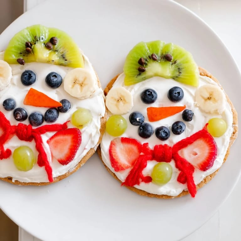 Festive Melting Snowman Fruit Pizza shows off a sugar cookie base with snowman faces made of fruit.