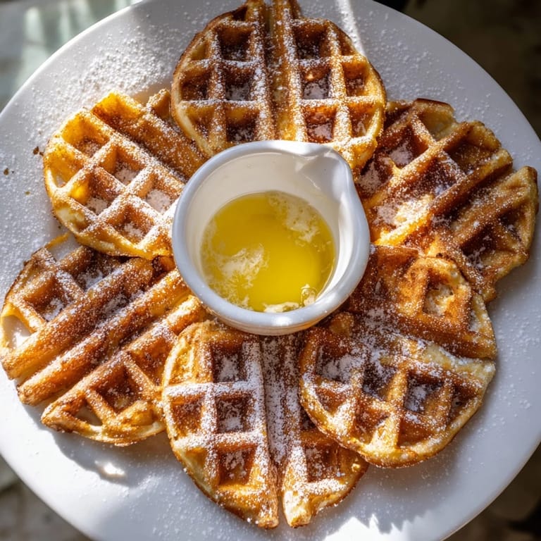 A beautifully plated presentation shows waffle quarters, ideal with a rich syrup dip.