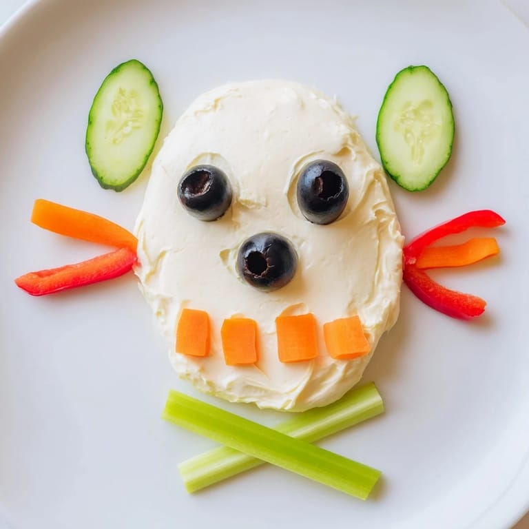 Festive Skull & Bones Spooky Spread on a plate, featuring crunchy veggies around a creamy skull head.