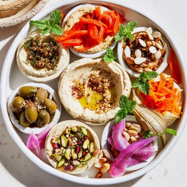 Vibrant and aromatic, the Moroccan Tile Mosaic features bowls of dips, olives, and marinated vegetables.