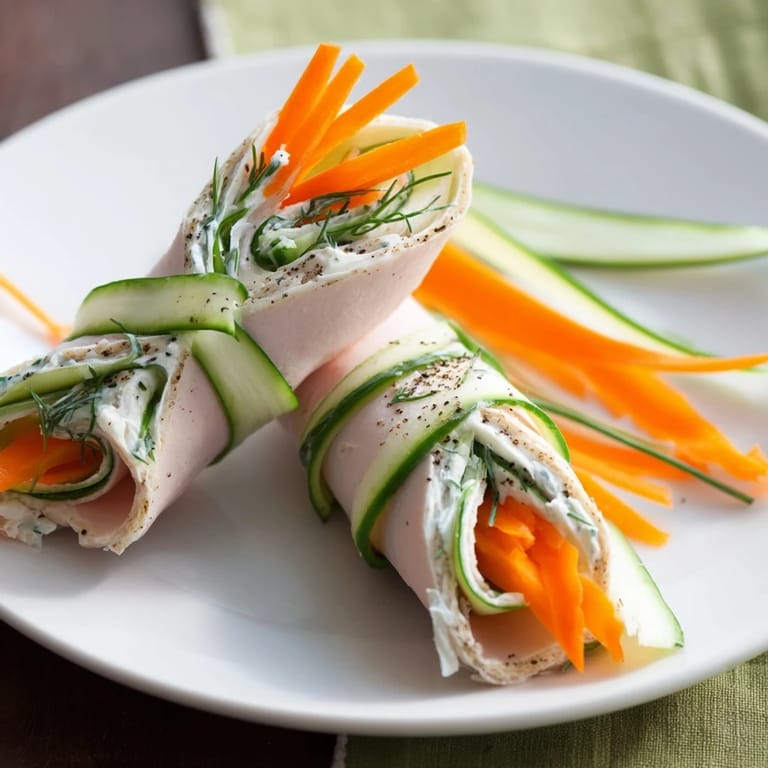 Spiralized vegetables adorn these creamy Ribbon Dancer rolls; perfect for a light, refreshing party snack.