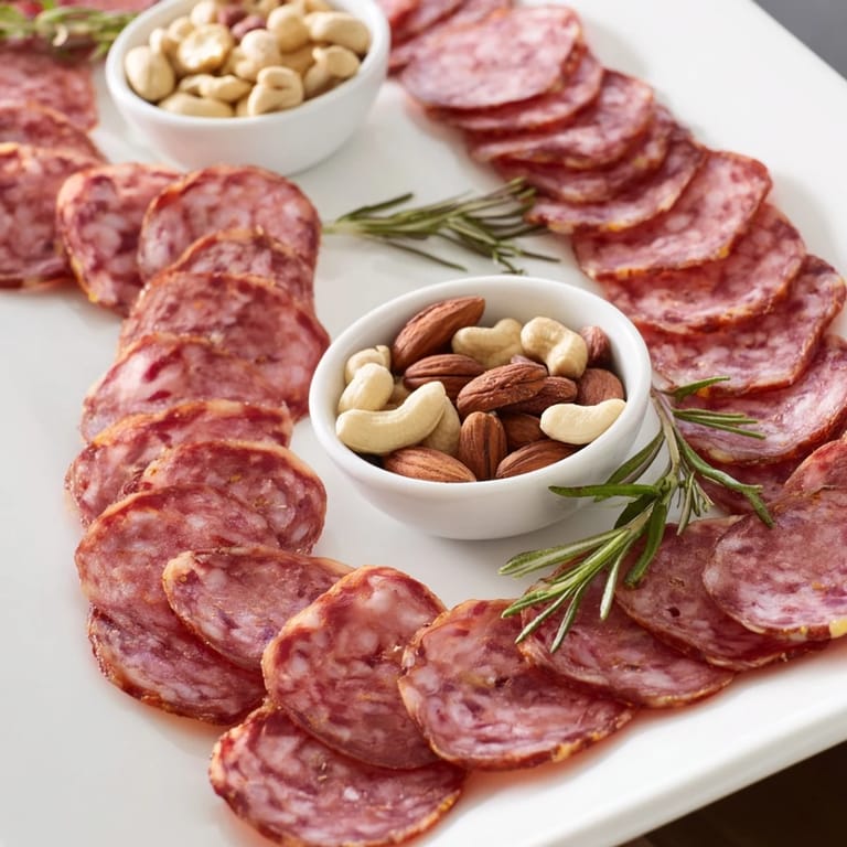 Serve this elegant The Infinity Loop, a simple appetizer of salami and mixed nuts, for any gathering.