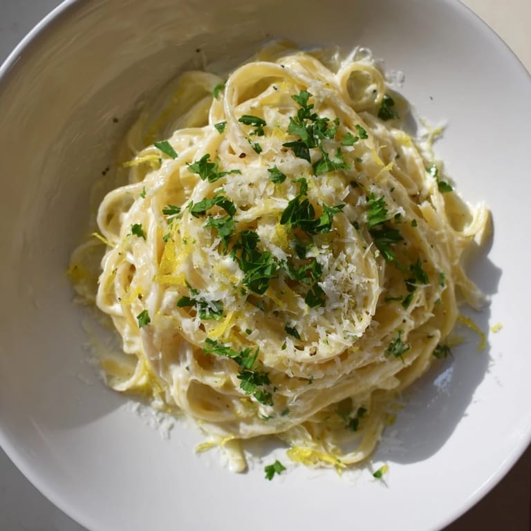 Golden strands of pasta coated in flavorful Lemon-Garlic Greek Yogurt Pasta, ready to enjoy.