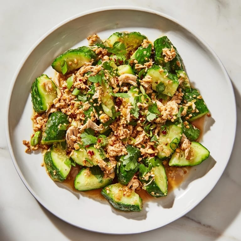 Close-up of the flavorful Whole Cucumber Logan Salad, ready to eat with sesame oil dressing and cilantro.