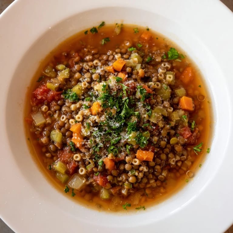 Flavorful Ditalini and Lentil Soup is served in a bowl, perfect for a cozy, comforting lunch.