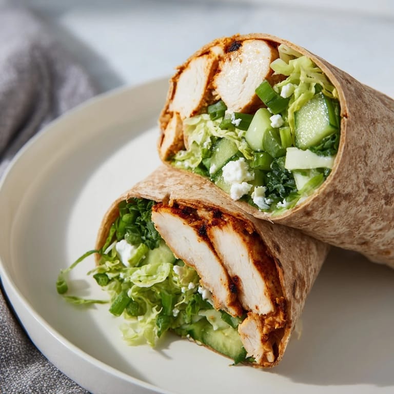 A colorful Green Goddess Chicken Wrap, showcasing tender chicken, crunchy veggies, drizzled with creamy dressing, and ready to enjoy.