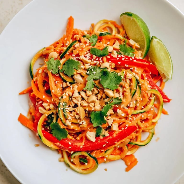 Close-up of fresh Zesty Peanut Zucchini Noodles, illustrating the tangy sauce coating the healthy ingredients.