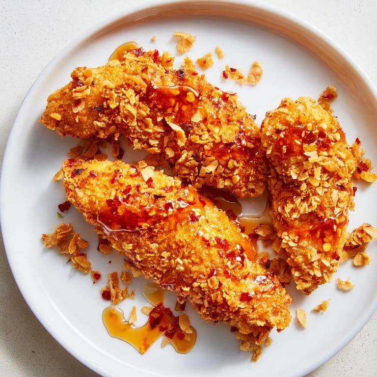 Close-up of freshly made Crispy Panko Chicken Tenders drizzled with spicy hot honey, a delightful meal.