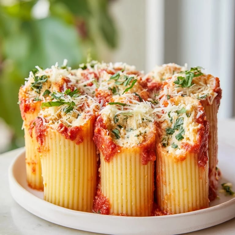 An appetizing, close-up view of a baked Honeycomb Pasta Bake, with rigatoni tubes filled with cheese.
