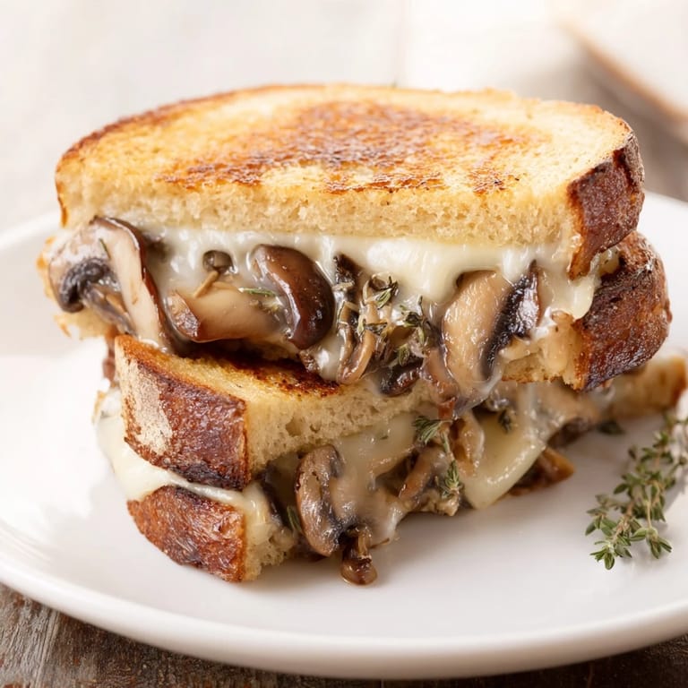 Imagine a perfectly toasted Creamy Mushroom Grilled Cheese, rich with savory mushrooms, ready to eat.