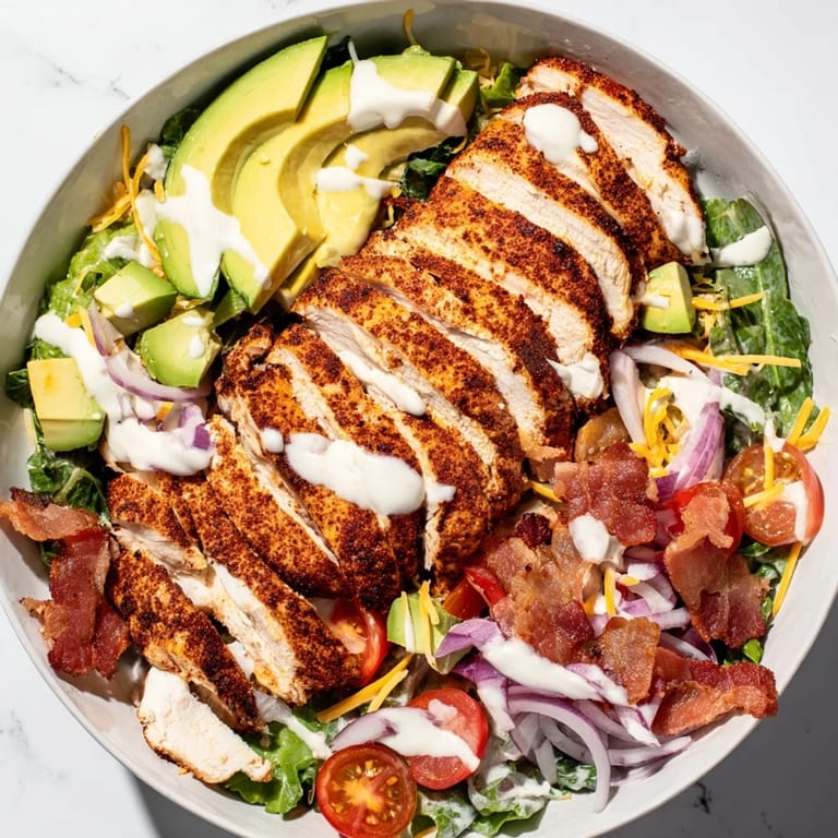 Close-up of a delightful bowl of Crispy Bacon Chicken Salad, showcasing the bacon's crispiness and vibrant colors.