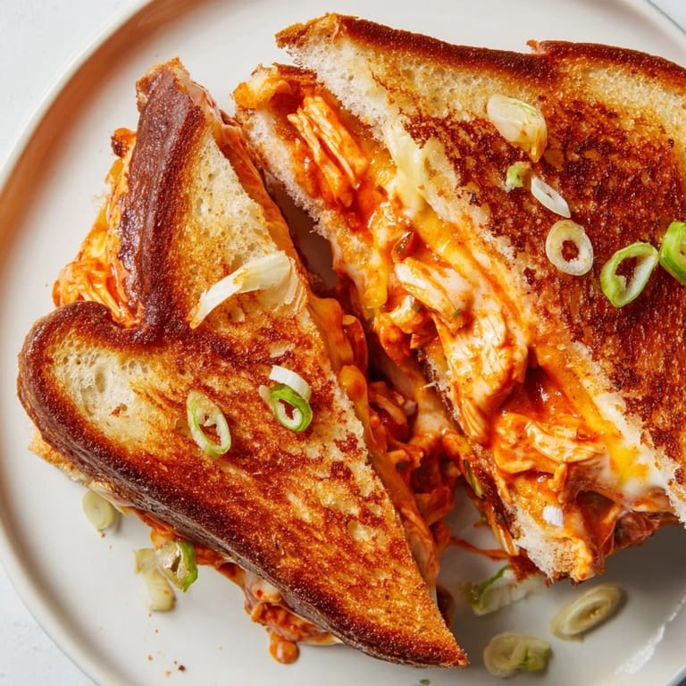 Vibrant photo of a melty Gochujang Mayo Chicken Sandwich sliced open, with a side of fresh cucumber.
