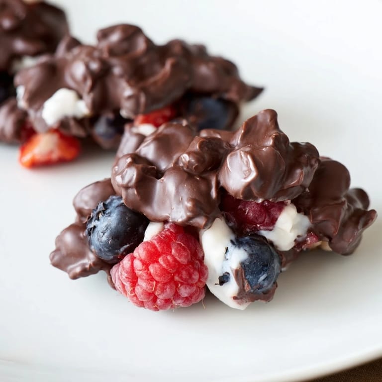 A close-up of vibrant, dark chocolate-covered chocolate yogurt clusters, perfect dessert bite.