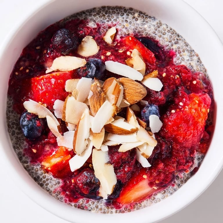Enjoy a spoonful of chilled berry chia pudding, showcasing layers of pudding and sweet berry compote.