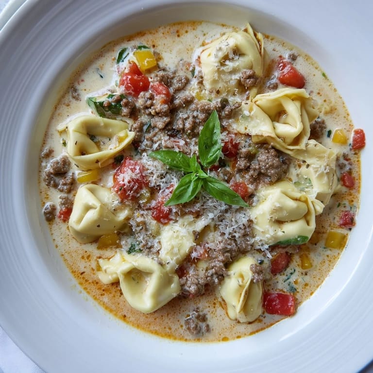 A steaming bowl of comforting Tortellini Beef Soup, featuring hearty beef and cheesy tortellini, is picture-perfect.