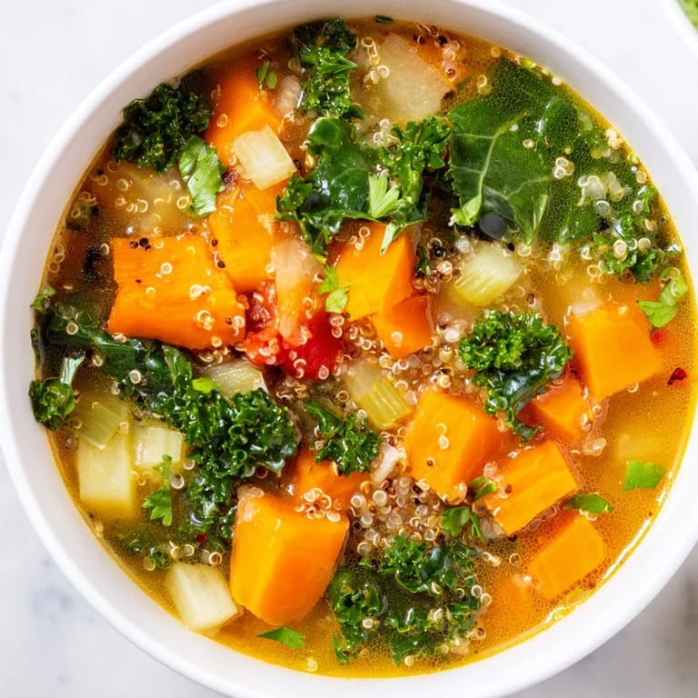 Vibrant image of homemade Nourishing Winter Veggie Soup, ready to be served, garnished with fresh parsley.
