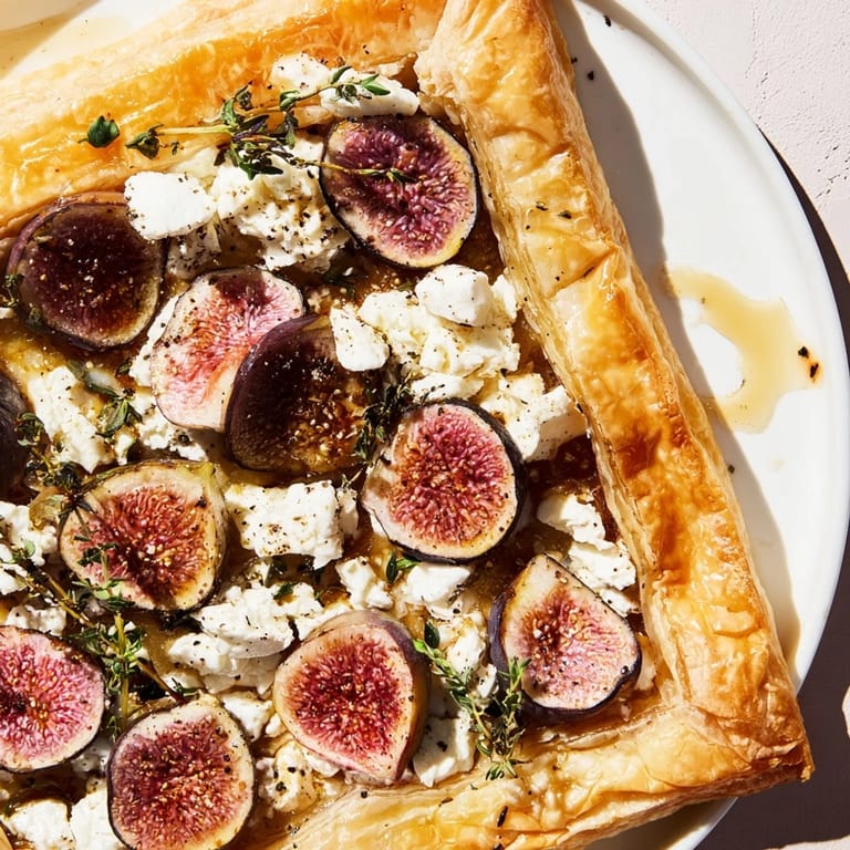 Enjoy the savory aroma of a freshly baked puff pastry truffle pizza with figs and truffle oil.