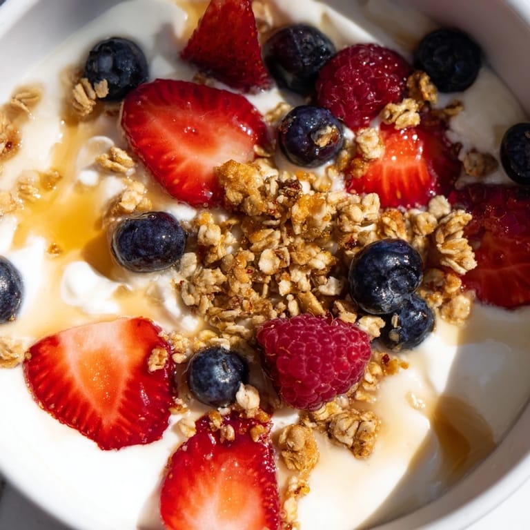 Luscious Cottage Cheese Hot Honey Bowl topped with vibrant berries and crunchy granola ready to eat.