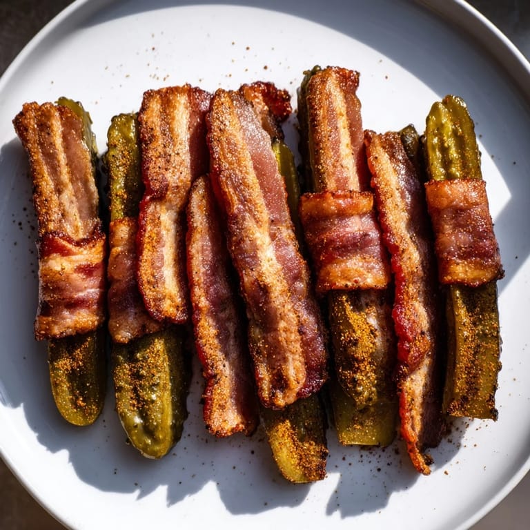 Smoky bacon embracing the juicy dill pickle halves, a delicious Bacon-Wrapped Pickles recipe, ready to serve.