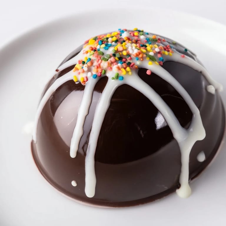 Round, dark chocolate Hot Chocolate Bombs, filled with marshmallows, perfect for a cozy treat.