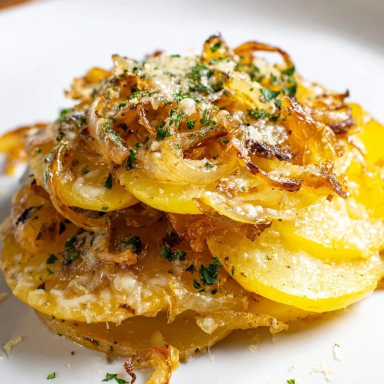 A cheesy, bubbling baking dish showcases French Onion Soup Potatoes, ready to enjoy with a fresh parsley garnish.