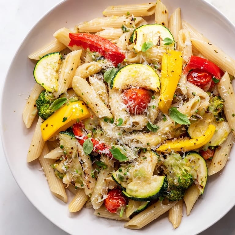 Colorful roasted vegetables and al dente pasta with a light garlic-olive oil sauce, garnished with lemon wedges and fresh parsley.