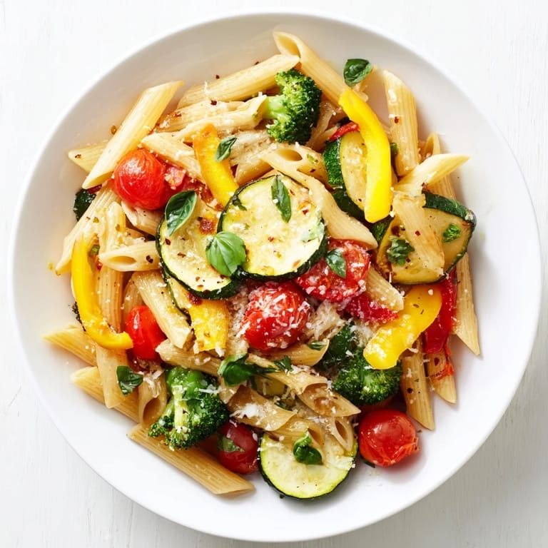 A close-up of Pasta Primavera glistening with olive oil and herbs, topped with grated Parmesan and fresh basil, served warm.