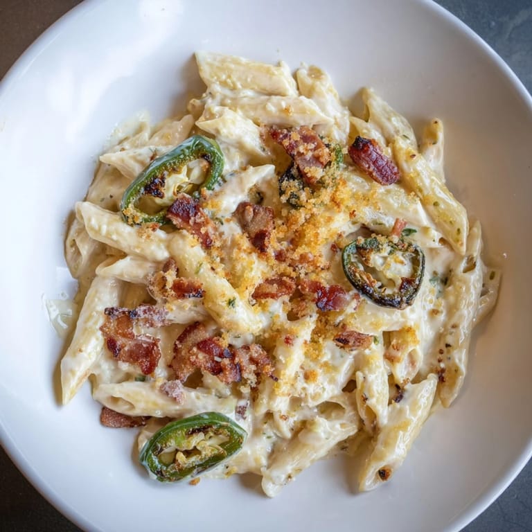 A close-up of steaming jalapeño popper pasta shows melted cheddar and Monterey Jack coating every penne noodle.  
