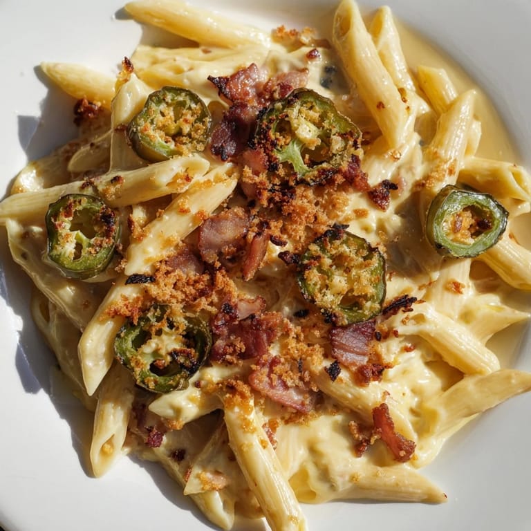 Savory jalapeño popper pasta garnished with fresh chives and crunchy panko breadcrumbs, served as a hearty main dish.