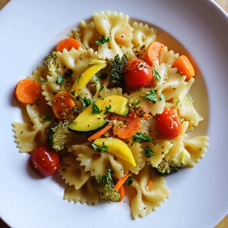 Overhead view of a skillet of Rainbow Veggie Pasta Primavera, highlighting the mix of green broccoli, orange carrots, and peas in a light olive oil sauce.