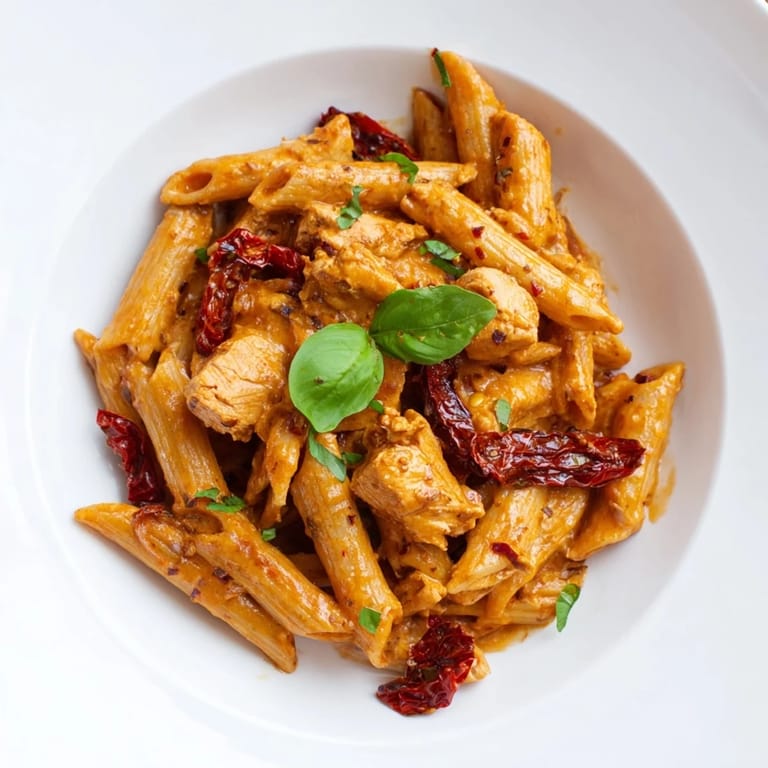 A close-up of Creamy Sun-Dried Tomato Chicken Pasta with glistening sauce, penne, and golden chicken strips on a white plate.