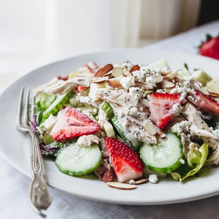 Bright bowl of Strawberry Poppy Seed Chicken Salad topped with toasted almonds and red onion slices, ready to serve.