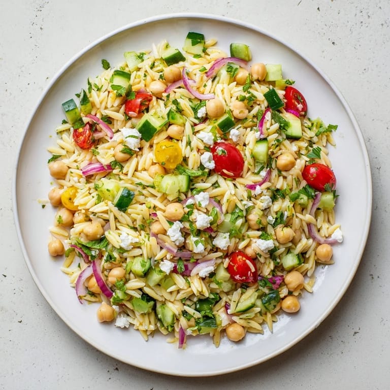 This Lemony Chickpea Orzo Salad is a vibrant, easy vegetarian meal, featuring fresh cucumbers, tomatoes, and mint tossed in zesty dressing.