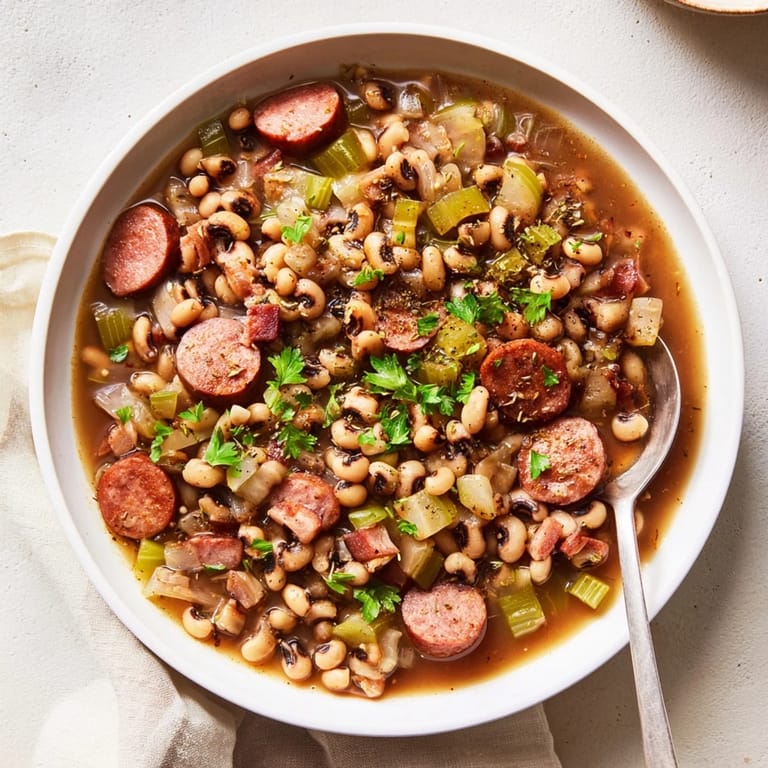 A hearty ladle of Southern-Style Black-Eyed Peas is held over a bowl, steam rising into the air.