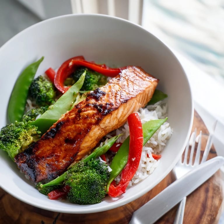 Sizzling Maple Soy Glazed Salmon fresh from the skillet, drizzled with extra sauce, paired with crisp steamed broccoli and snap peas.  