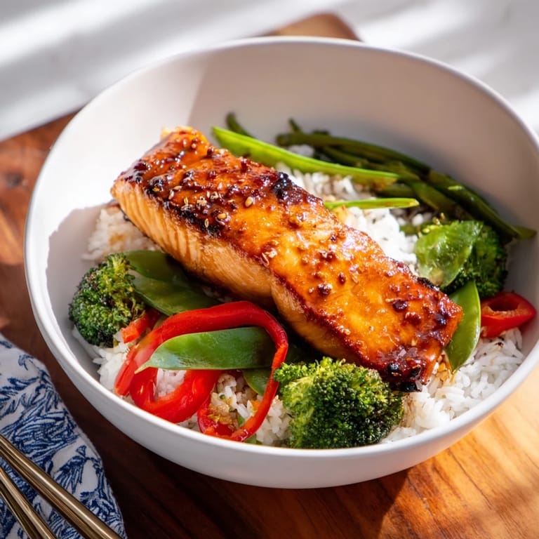 A healthy weeknight dinner of Maple Soy Glazed Salmon, featuring tender fish, fluffy jasmine rice, and colorful sautéed vegetables ready to enjoy.