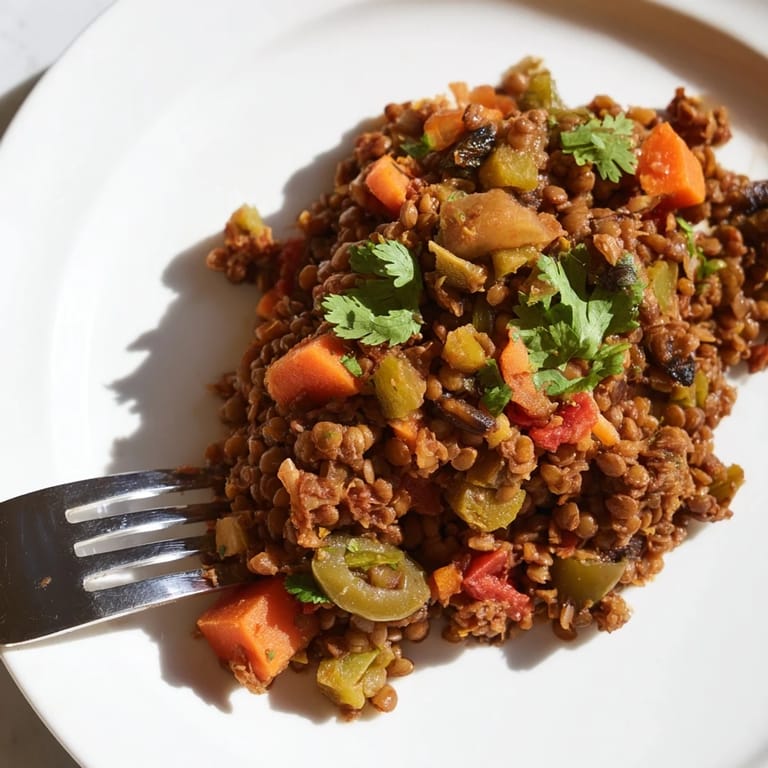 Fresh cilantro garnishes this colorful Cuban-inspired lentil picadillo, with diced carrots and bell peppers, perfect for a quick vegan weeknight dinner.