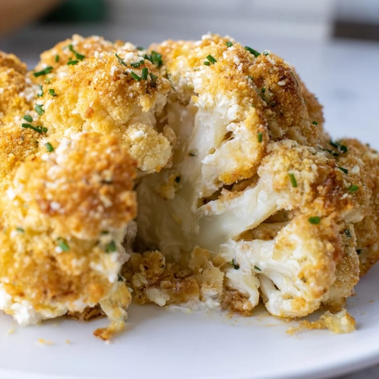 Freshly baked Cheesy Stuffed Cauliflower Head garnished with chives and breadcrumbs, radiating from a parchment-lined baking tray for a cozy family meal.