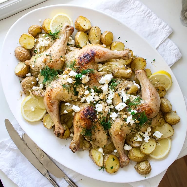 A close-up of roasted chicken thighs and lemon herb potatoes finished with creamy feta and dill for a Mediterranean dinner.  