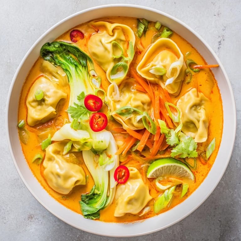 Hearty and comforting Red Curry Wonton Soup with Greens, filled with tender carrots and wilted baby spinach in a coconut-based broth.