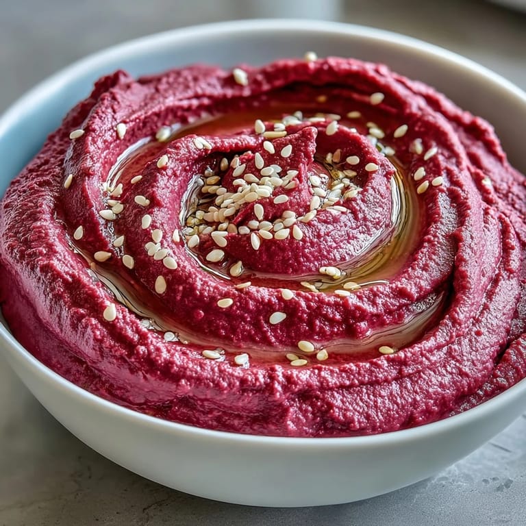 Vibrant pink roasted beet hummus with chickpeas and tahini, served alongside fresh vegetables and crackers on a rustic wooden table.