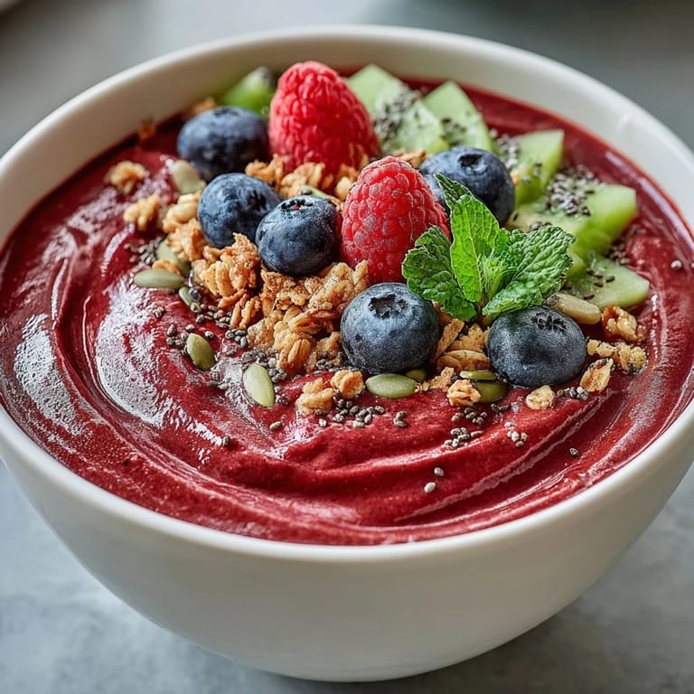 Ready in minutes, this creamy Beet and Berry Smoothie Bowl features bright berries and earthy beets, finished with shredded coconut and mint.