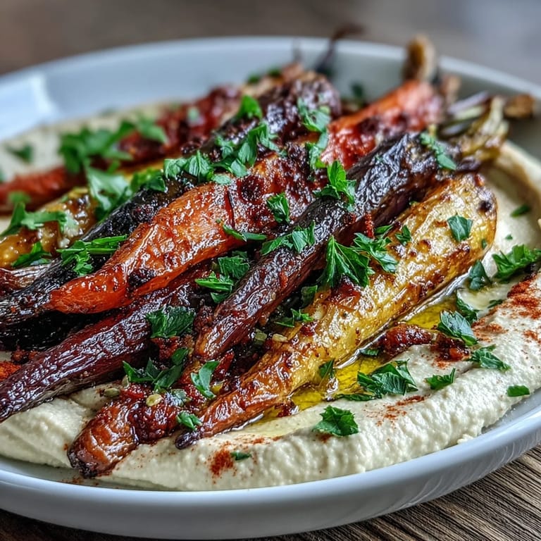 Rainbow carrots roasted with cumin and parsley served with tahini-rich hummus for a healthy, gluten-free snack.
