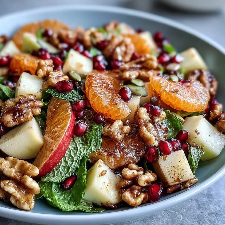 Colorful Pomegranate and Walnut Salad tossed with diced fruits, seeds, and a light honey-lemon dressing, garnished with fresh mint.