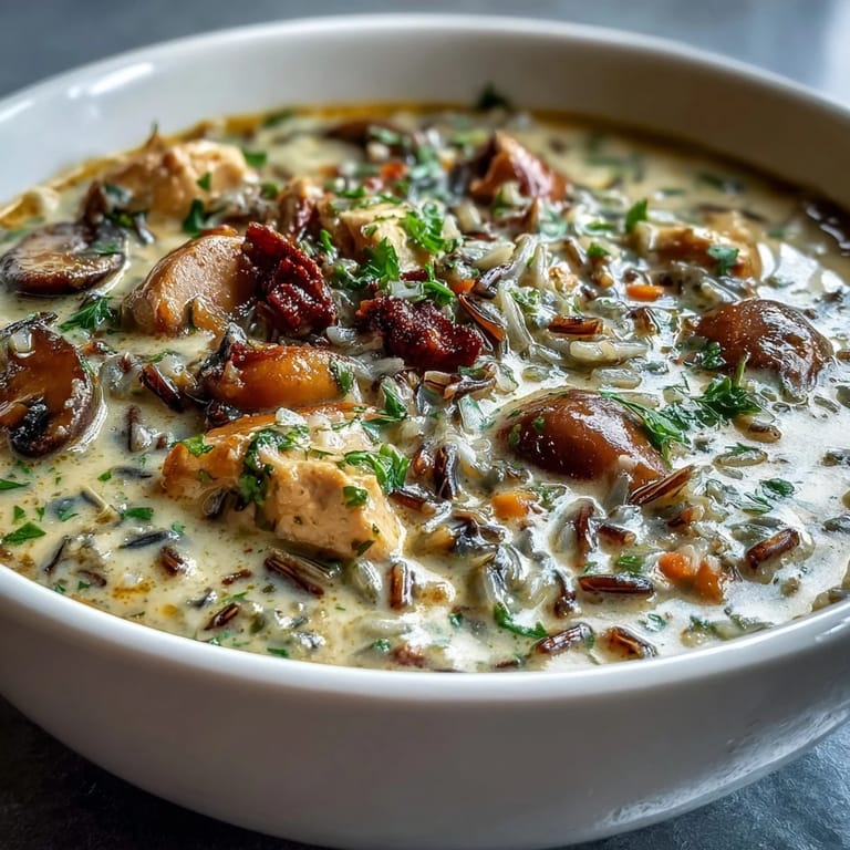 Creamy Parmesan Mushroom Chicken and Wild Rice Soup, a hearty meal perfect for dinner.