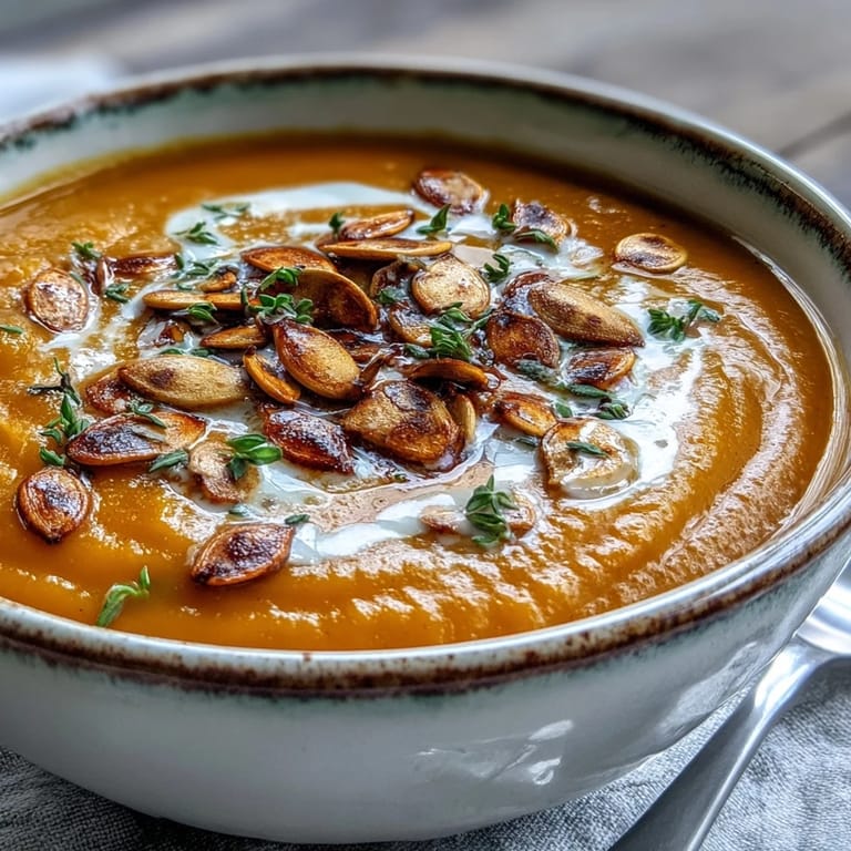 Velvety, spiced Easy Roasted Butternut Squash Soup ready with toasted pumpkin seeds.