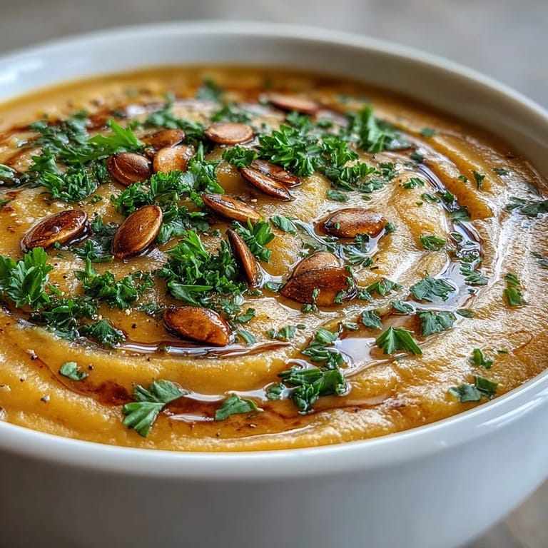 Savory roasted broccoli butternut squash soup, garnished with toasted seeds and parsley.