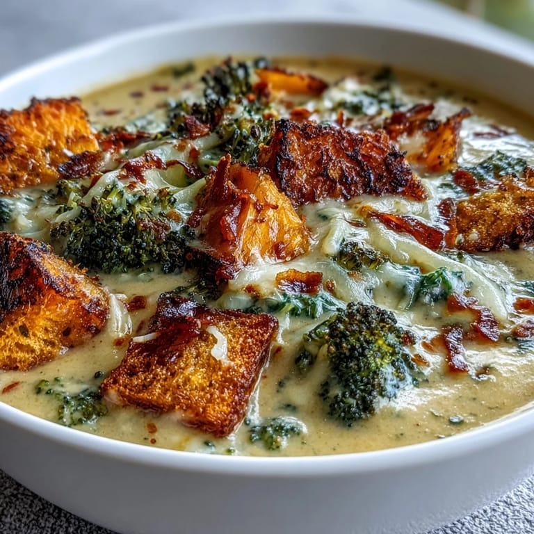 Rich butternut squash broccoli cheddar soup, bubbling hot, ready to serve.