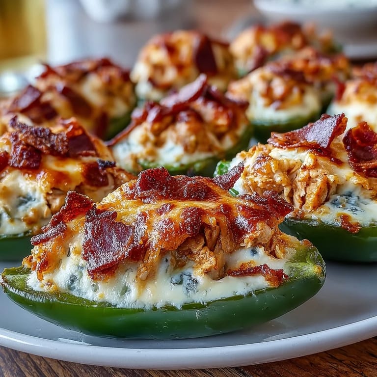 Freshly baked Buffalo Wing Poppers on a rustic wooden board, featuring tender peppers and a drizzle of extra tangy sauce.