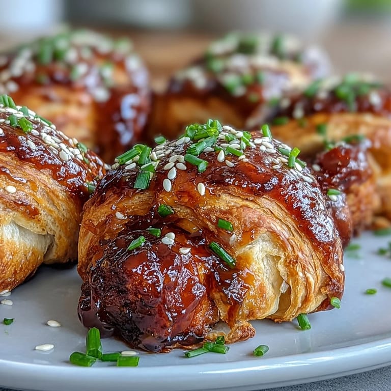 Close-up of flaky pastry wrapped sausages, glazed with vibrant red pepper jelly, on a rustic board.
